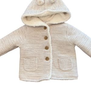 Carter's Knit Cardigan Fleece Lined Sweater Hooded Bear Ears Pockets Beige‎ 12M